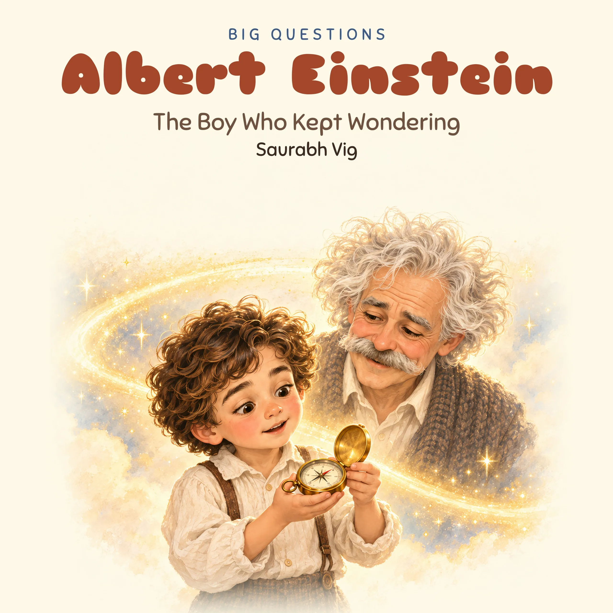 Cover of Albert Einstein: The Boy Who Kept Wondering, showing young Albert gazing at a brass compass while an older Einstein smiles behind him