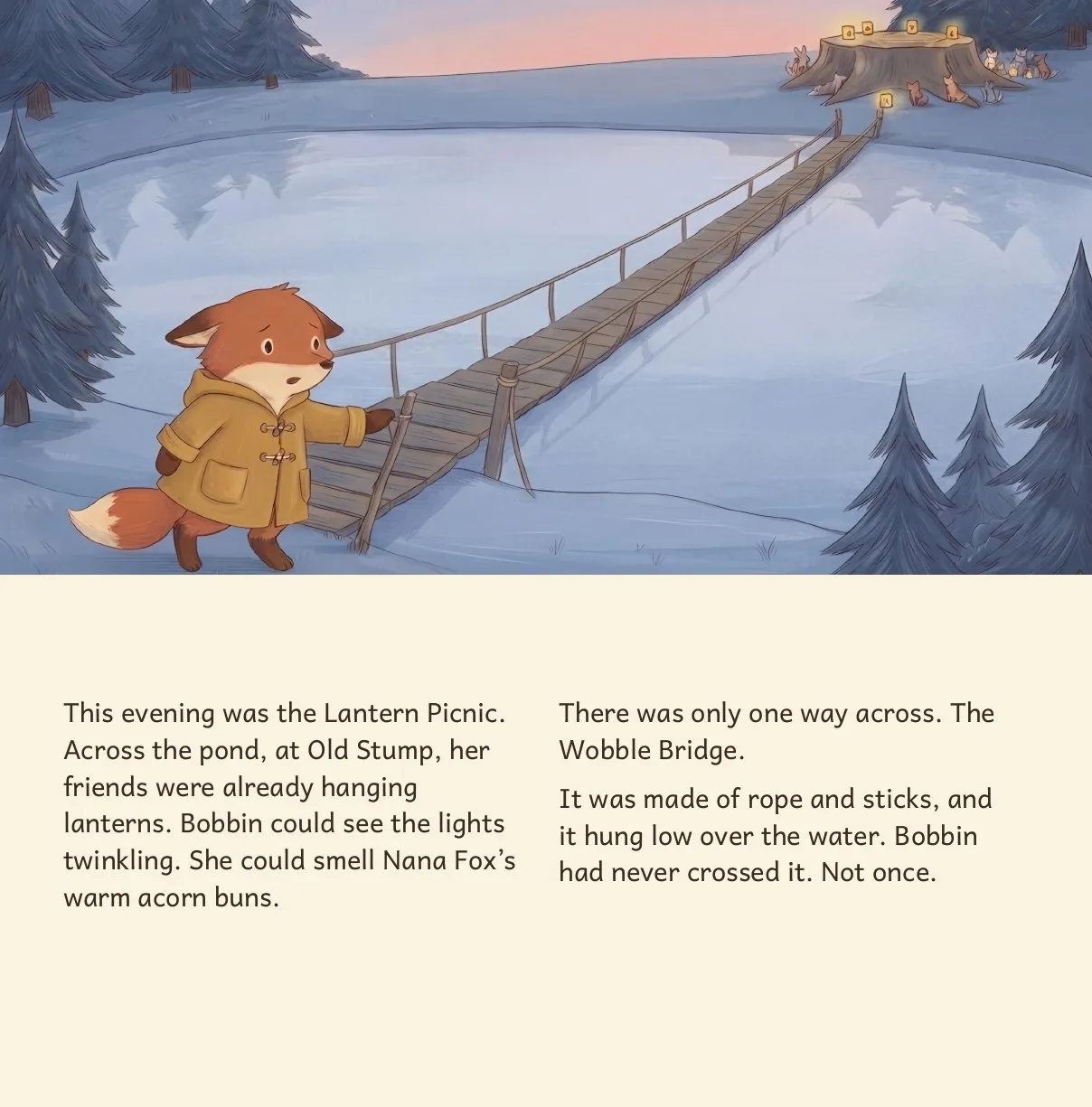 Inside page: Bobbin the fox looks across the pond at the lanterns and the Wobble Bridge