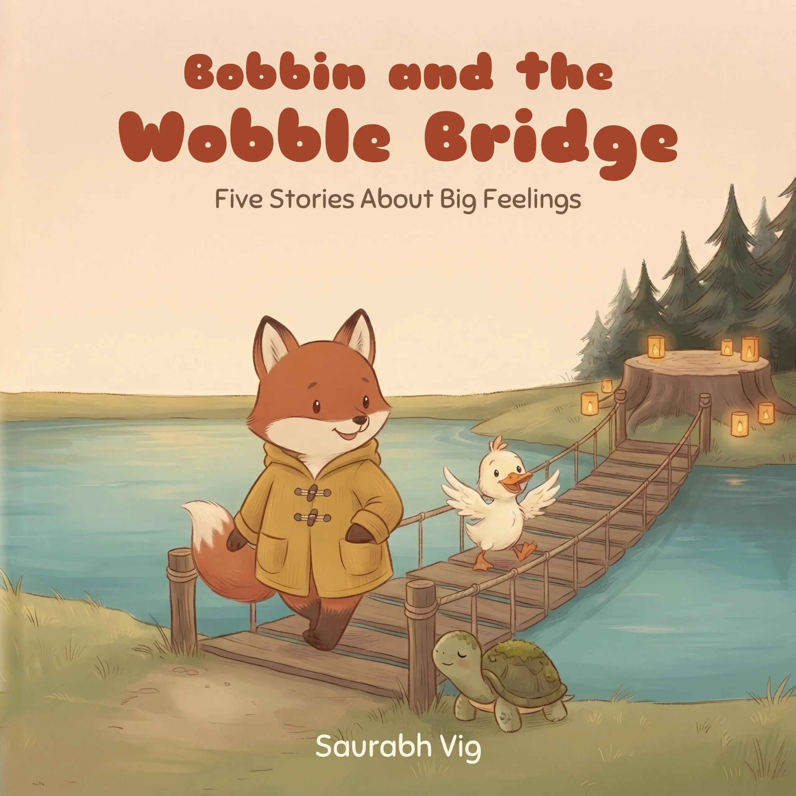 Cover of Bobbin and the Wobble Bridge, showing a small fox in a yellow coat beside a rope bridge over a pond, with a duckling and a turtle