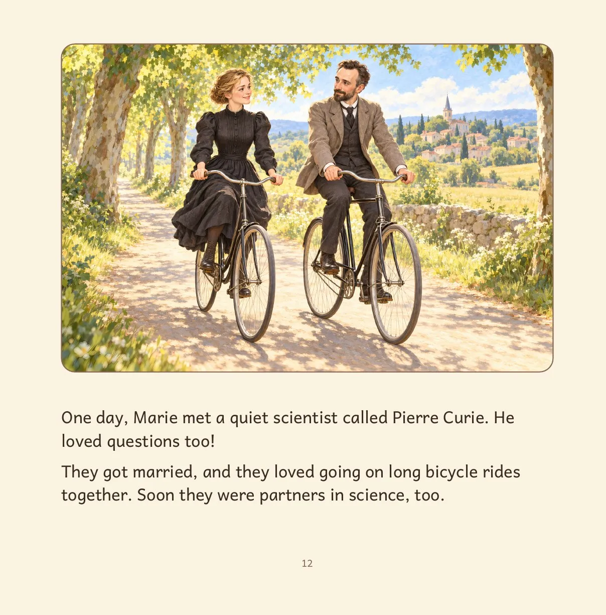 Inside page: Marie and Pierre Curie ride their bicycles together along a leafy path