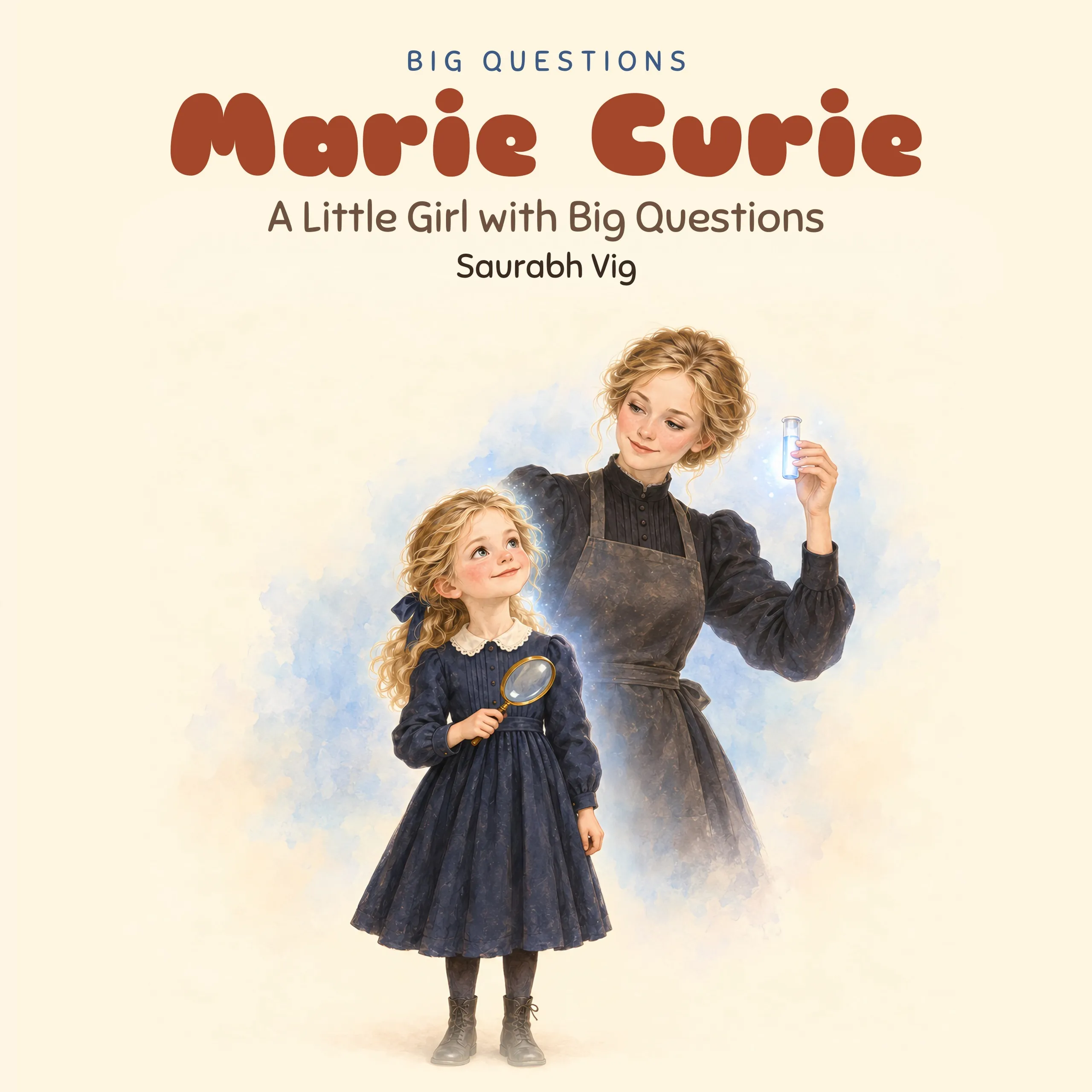 Cover of Marie Curie: A Little Girl with Big Questions, showing young Manya holding a magnifying glass beside grown-up Marie holding a glowing test tube
